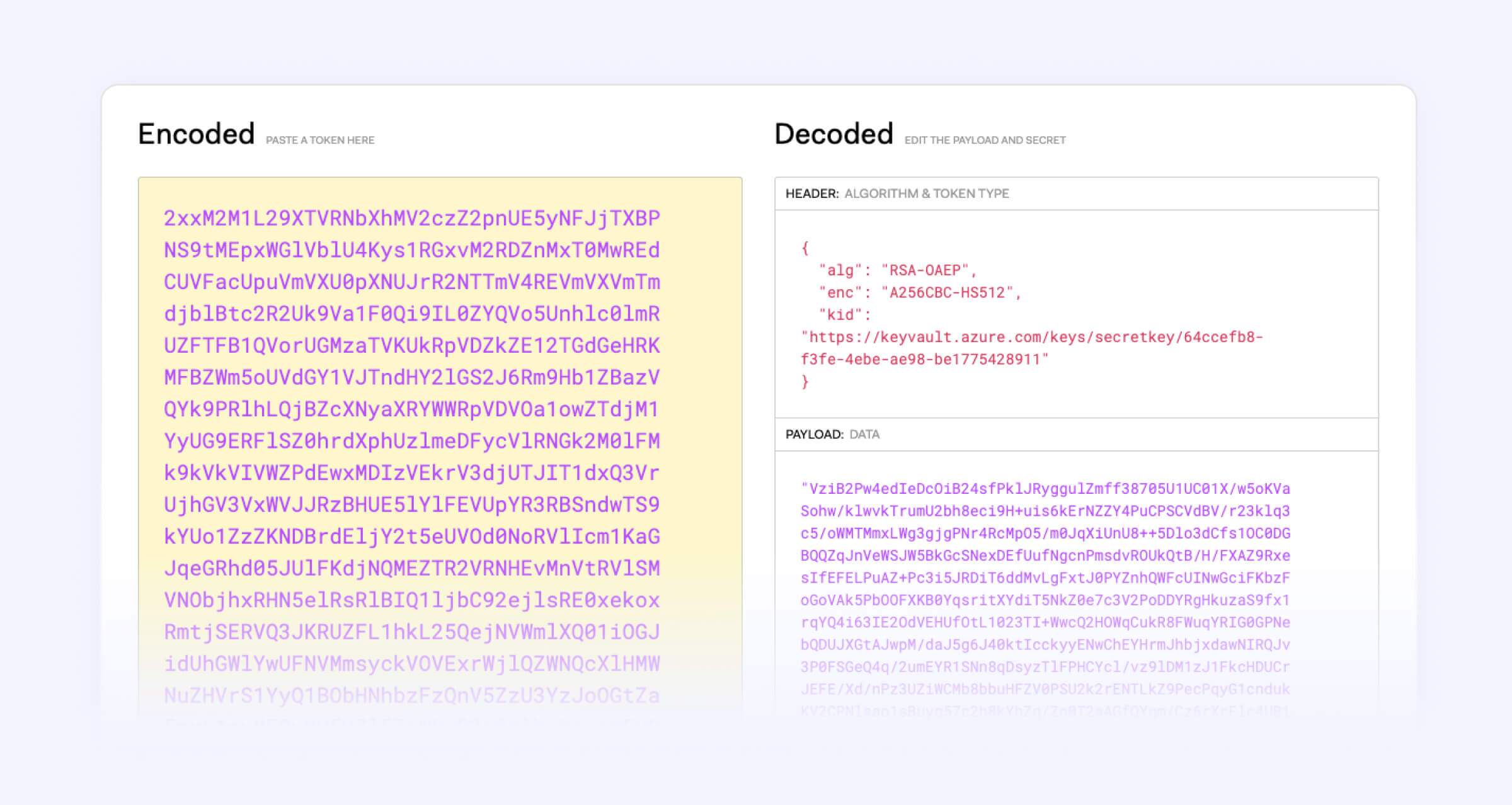 Screenshot of JSON code depicting how JWT token couples the ciphertext and key metadata.